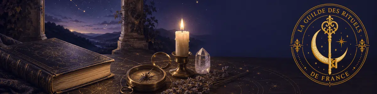 Arche ouverte sur un ciel étoilé, livre, boussole, bougie et cristal illustrant l’accueil de La Guilde des Rituels de France