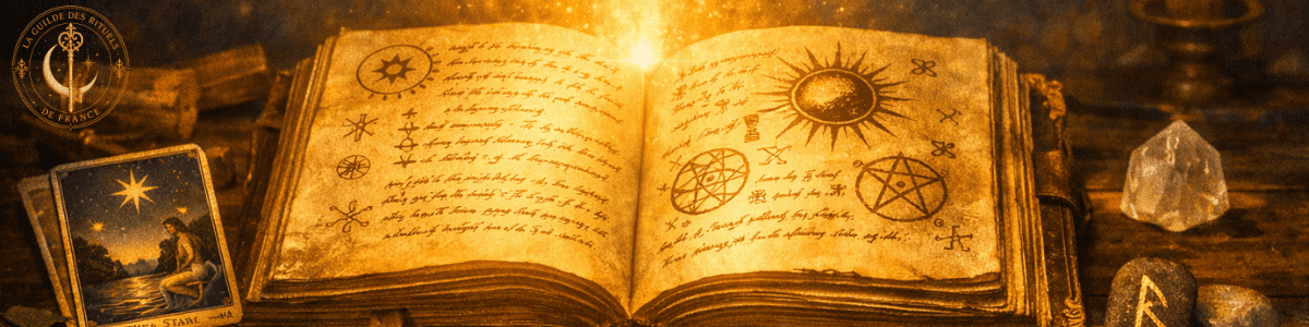 Grimoire ouvert éclairé par une lumière dorée sur une table sombre.
