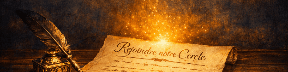 Document d’adhésion éclairé par une lumière dorée, avec plume ancienne et symboles ésotériques.