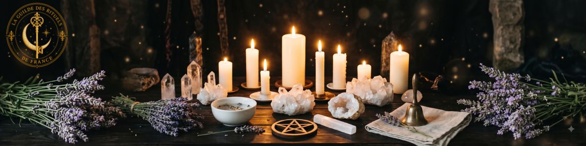 Autel de magie blanche avec bougies, cristaux et fleurs de lavande.