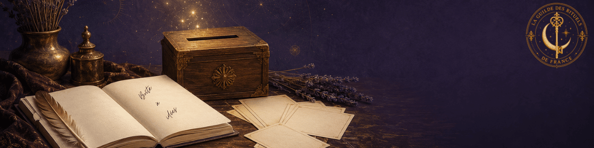 Carnet ouvert, plume et boîte à suggestions illustrant la Boîte à idées de La Guilde des Rituels de France