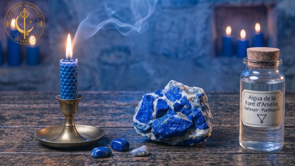 Magie Bleue 1 Bougie bleue allumée et pierre de lapis-lazuli sur une table d'autel.