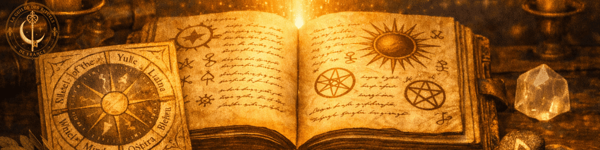 Grimoire ouvert et roue des saisons éclairés par une lumière dorée.