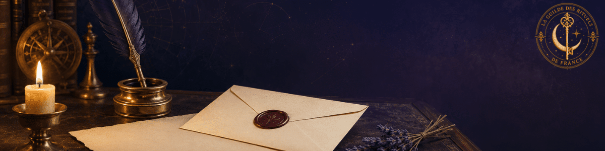 Lettre cachetée, plume et bougie illustrant la page Contact de La Guilde des Rituels de France