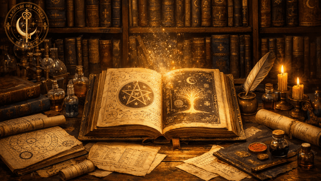 Grimoire ouvert sur une table en bois, entouré de manuscrits anciens et d’objets ésotériques.