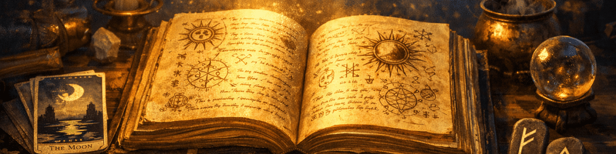 Grimoire ouvert éclairé par une lumière dorée sur une table sombre.