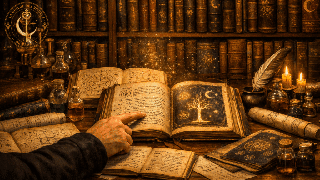 Plusieurs livres ésotériques ouverts sur une table, avec une main comparant les pages.