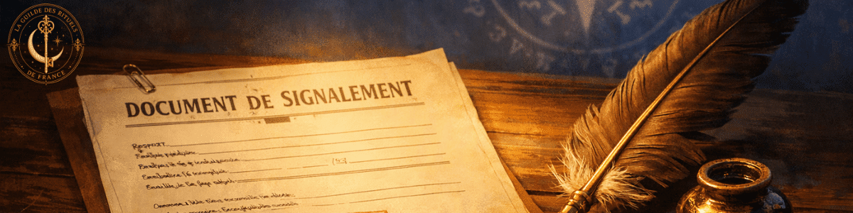 Document de signalement éclairé par une lumière dorée sur une table sombre.