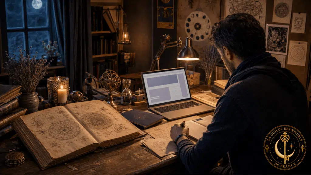 Un rédacteur prépare un article ésotérique à partir d’un ancien grimoire