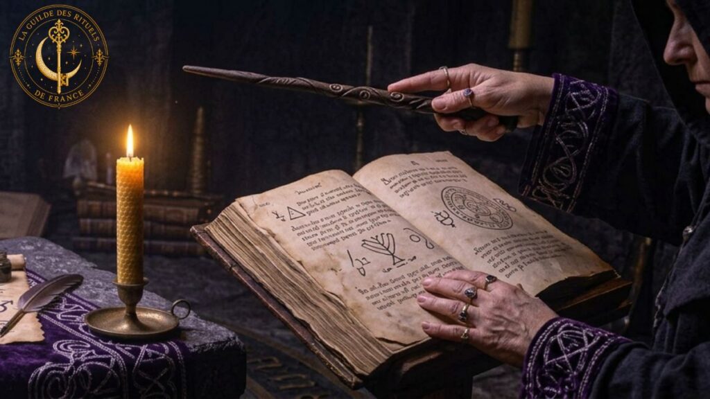 Silhouette d'un praticien en robe tenant un grimoire et une baguette au-dessus d'un autel dans la pénombre.