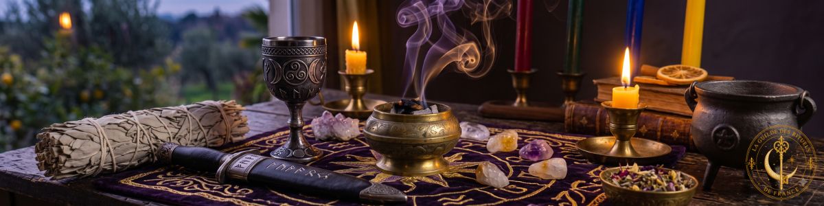Autel ésotérique dressé sur une table en bois avec athamé, chaudron, pentacle et bougies.