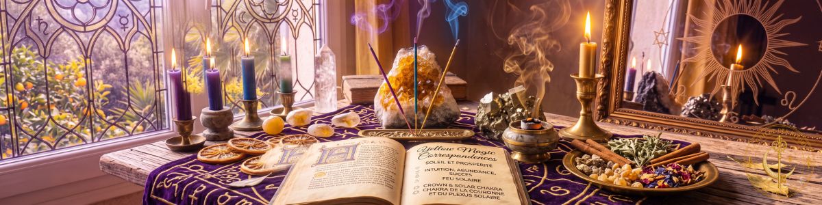 Altar ésotérique avec bougies colorées et de la fumée d'encens purificateur.