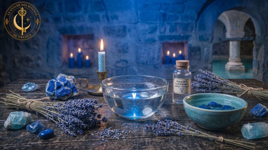 Magie Bleue 3 Pierres de lapis-lazuli, fleurs de lavande et bol d'eau pour rituel de magie bleue.