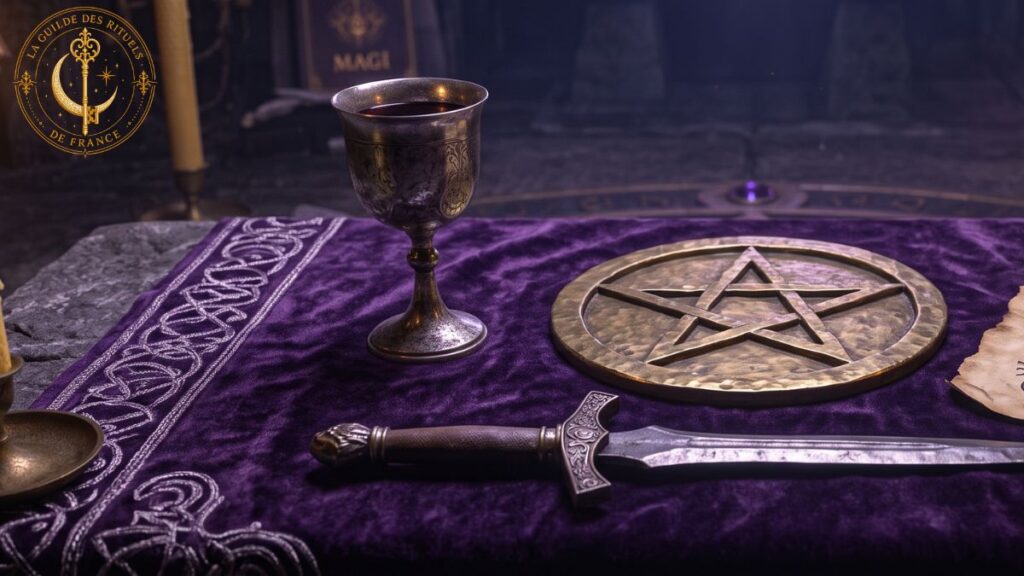 Table d'autel cérémoniel garnie d'outils astrologiques, sceaux et bougies dans l'ombre.