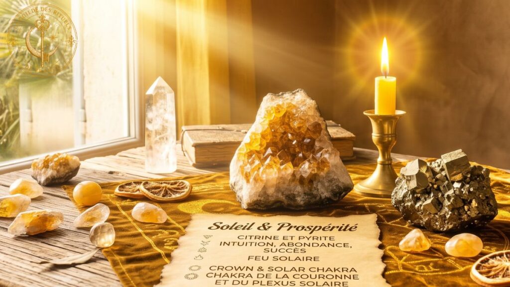 Feuilles de laurier, tranches de citron séché et citrine pour rituel de magie jaune.