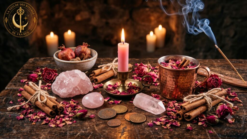 Magie Rouge 2 Outils de magie rouge incluant quartz rose, bougie rose et pétales de fleurs sur fond de bois.