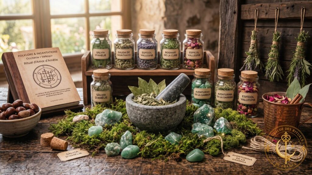 Magie Verte 3 Outils de magie verte avec mortier, aventurine verte et herbes séchées.