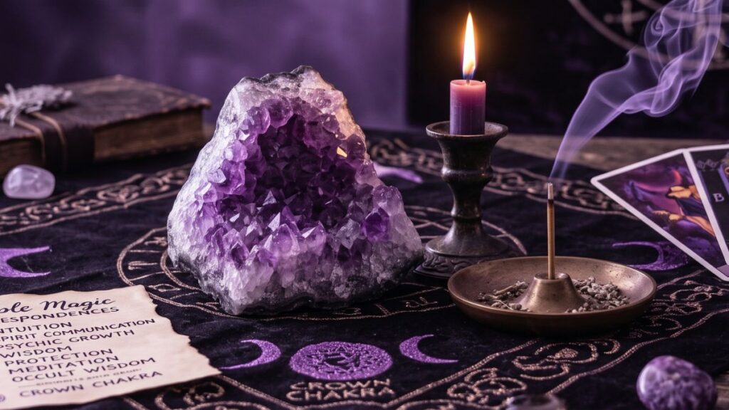 Pierres d'améthyste, pendule et cartes de tarot pour rituel de magie violette.