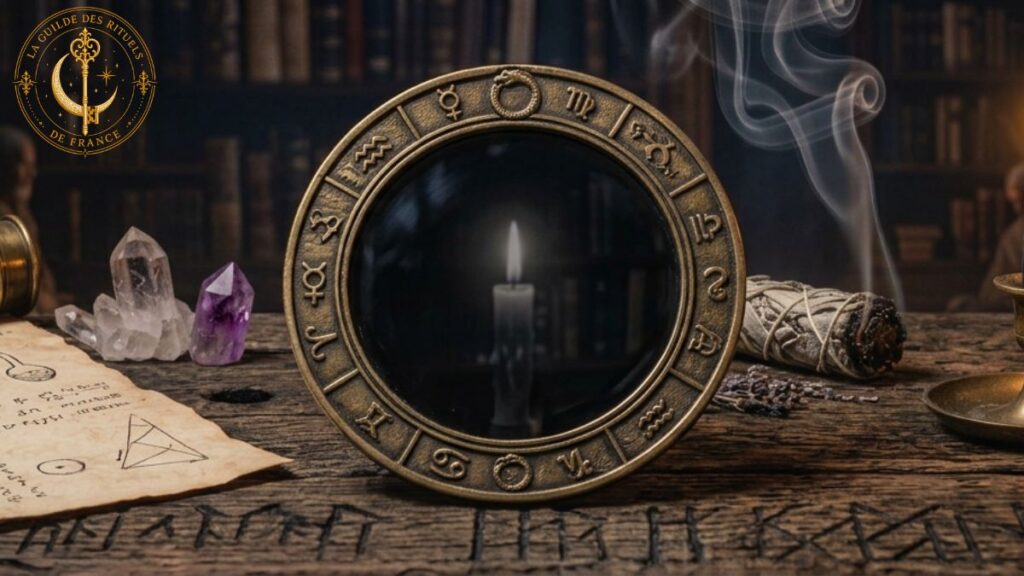 Miroir noir de divination, chandelier en laiton avec bougie noire et gravure occulte.