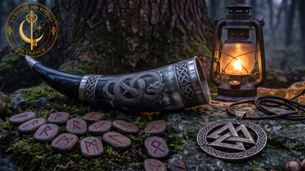 Corne de libation en os gravé, pierres de runes et symbole du Valknut sur un autel en pierre sombre.