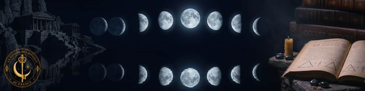 Les différentes phases de la lune alignées au-dessus d'un miroir d'eau sombre dans la pénombre.