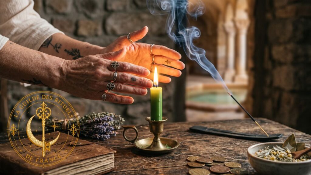 Mains en méditation au-dessus d'une bougie allumée lors d'un rituel de magie blanche.