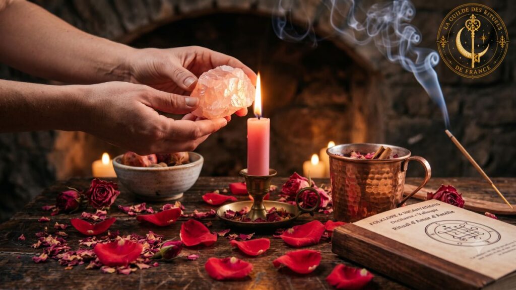 Magie Rouge 3 Mains tenant un quartz rose au-dessus d'une bougie rouge lors d'un rituel d'amour.