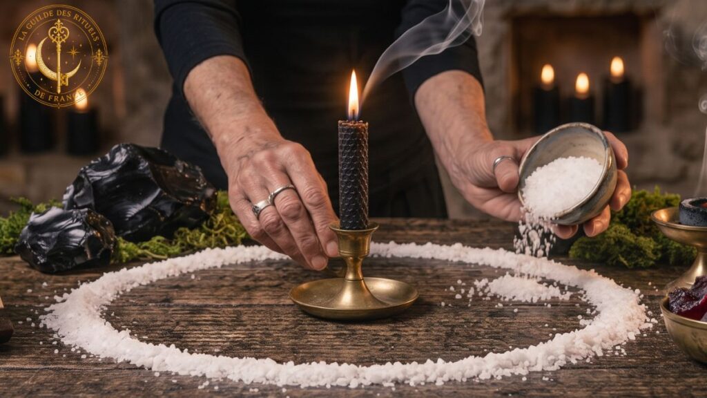 Magie Noire 3 Mains versant du sel marin autour d'une bougie blanche pour rituel de désenvoûtement.