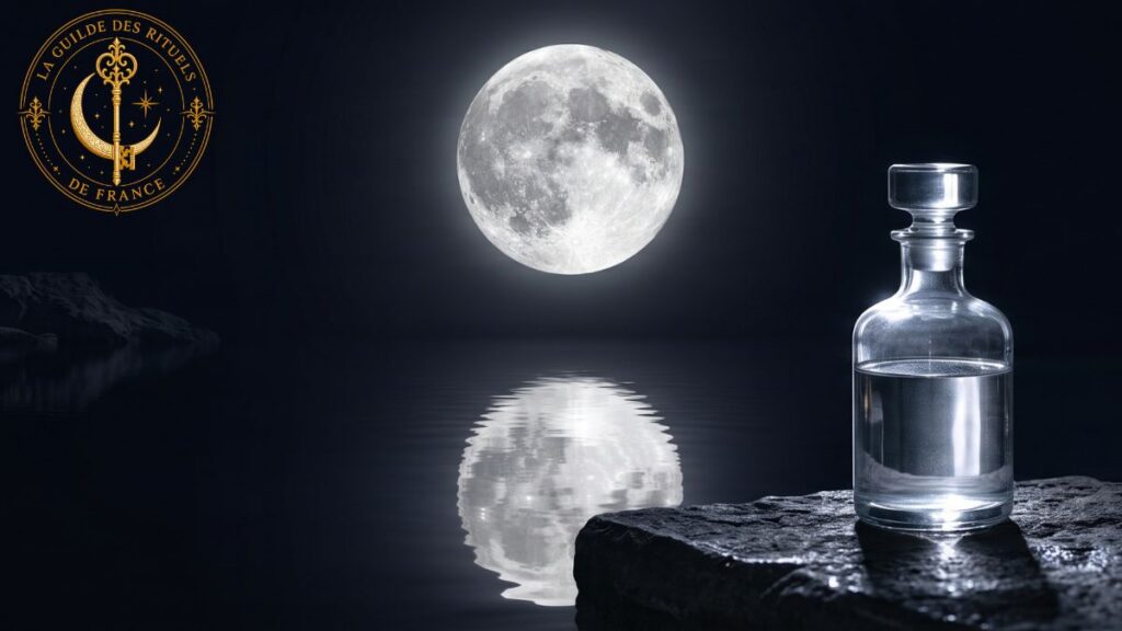 Cycles Lunaires 4 Flacon en verre rempli d'eau exposée sous la lumière d'une pleine lune brillante.