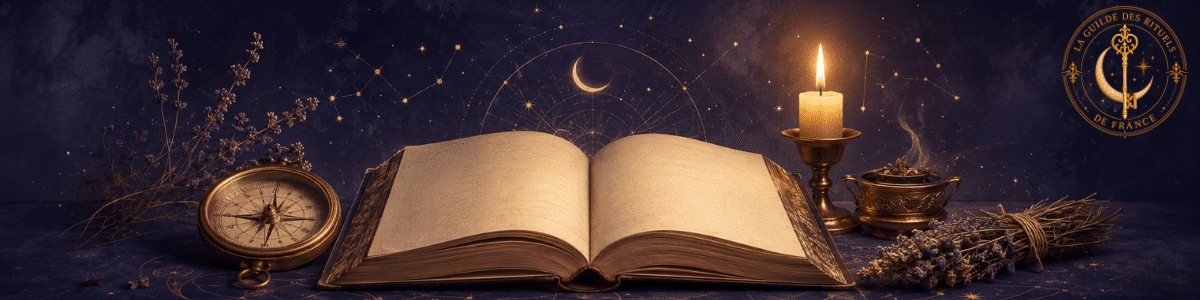 Livre ancien ouvert, boussole et bougie sous un ciel étoilé, illustrant la FAQ de La Guilde des Rituels de France.