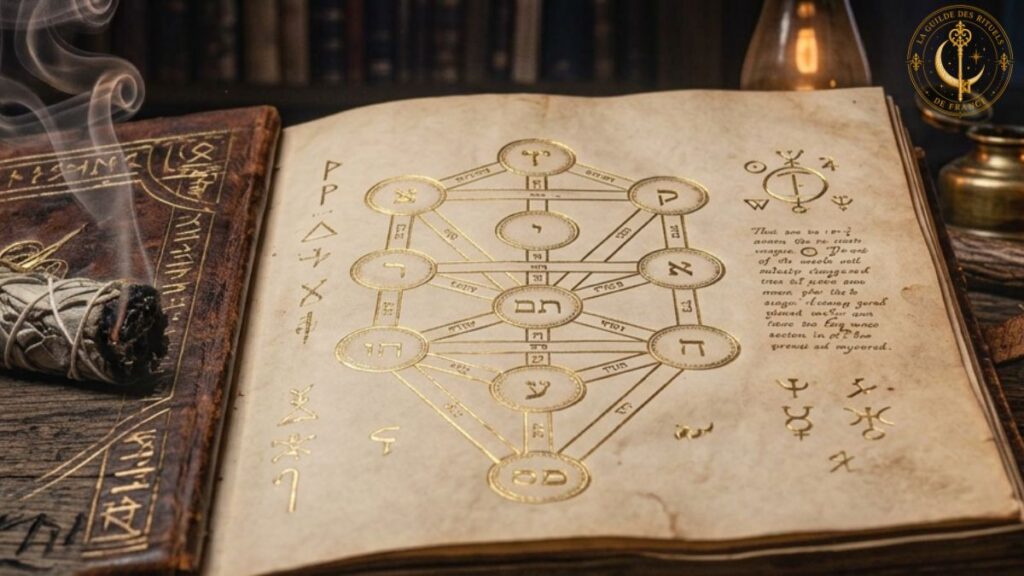 Cabale 1 Cabale : diagramme détaillé de l'Arbre de Vie cabalistique illuminé à la feuille d'or sur un manuscrit ancien.