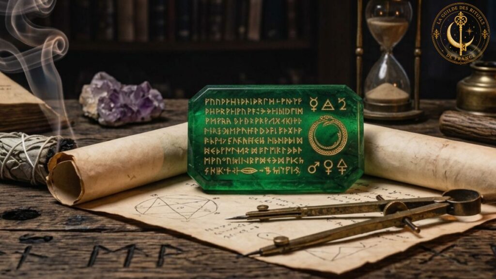 Hermétisme Plaque d'émeraude gravée de symboles hermétiques, compas en laiton et bougie sur une table d'étude sombre.