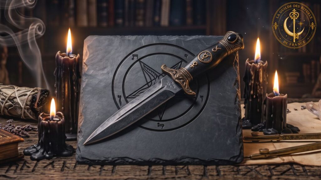 Satanisme et philosophies de l'émancipation : découvrez une vision alternative profonde et puissante axée sur l'intégrité individuelle. Dague rituelle à manche noir et symbole du sceau de Baphomet gravé sur une dalle en pierre.