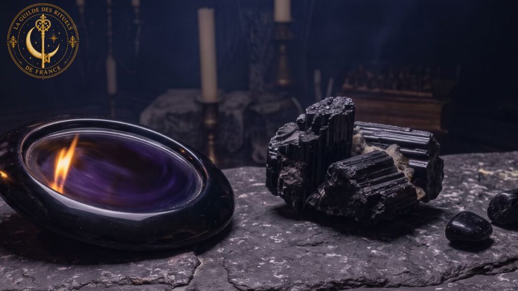 Tourmaline noire brute posée à côté d'une flamme de bougie sur un fond très sombre.