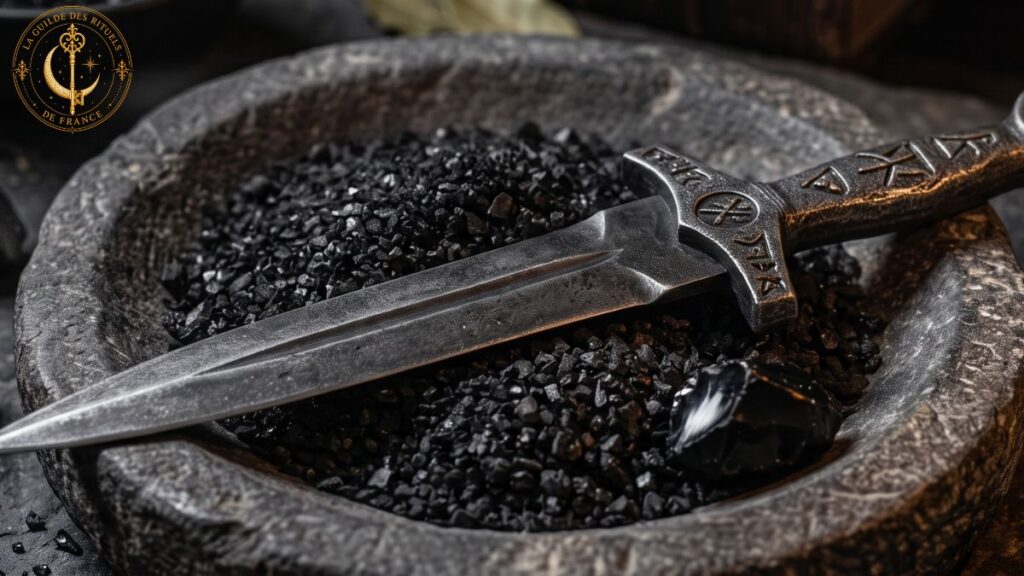Dégagement 1 Athamé rituel à manche noir et cristal d'obsidienne sur une table de pierre sombre.