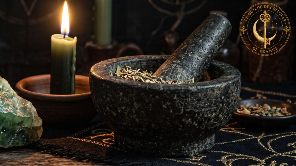 Rituels de Guérison Pierre de jade vert brut et coupelle d'herbes médicinales sur un autel en pierre sombre.