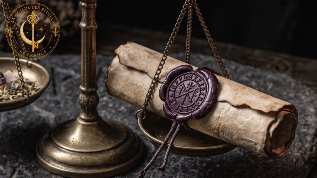 Rituels de Justice Balance de justice en laiton et rouleau de parchemin scellé près d'une bougie violette.