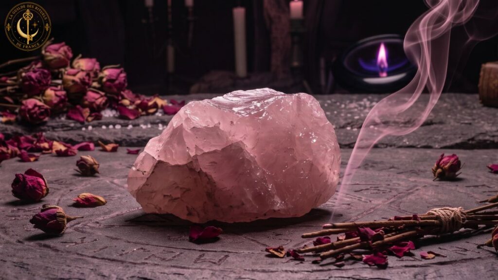 Pierre de quartz rose et herbes de séduction sur une table en pierre sombre.