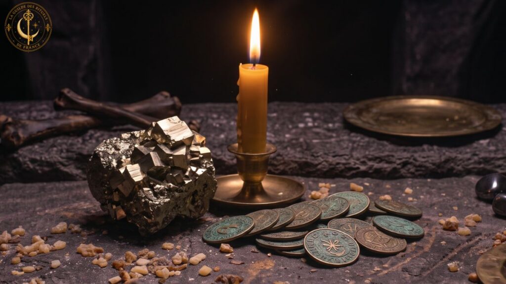 Rituels de Prospérité Morceau de pyrite dorée et pièces de monnaie anciennes dans la pénombre d'un autel.
