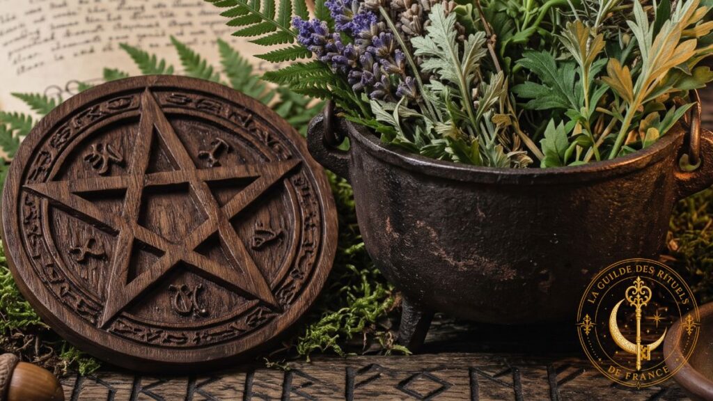 Légendaire Wicca 1 Légendaire Wicca Pentacle gravé sur bois, petit chaudron en fonte et herbes fraîches sur un autel en forêt.