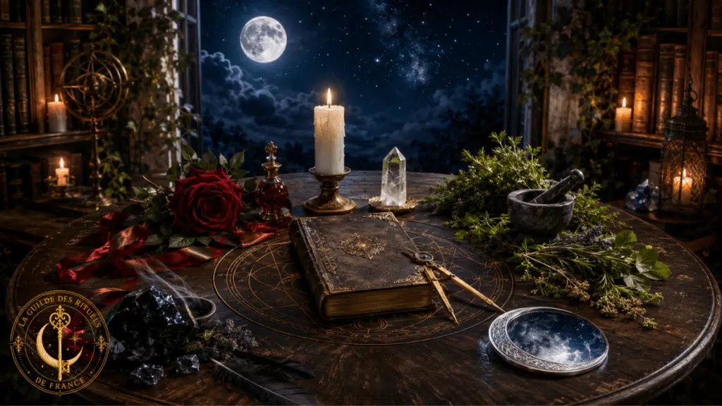 Table rituelle réunissant bougie blanche, rose rouge, plantes, obsidienne, lune et grimoire