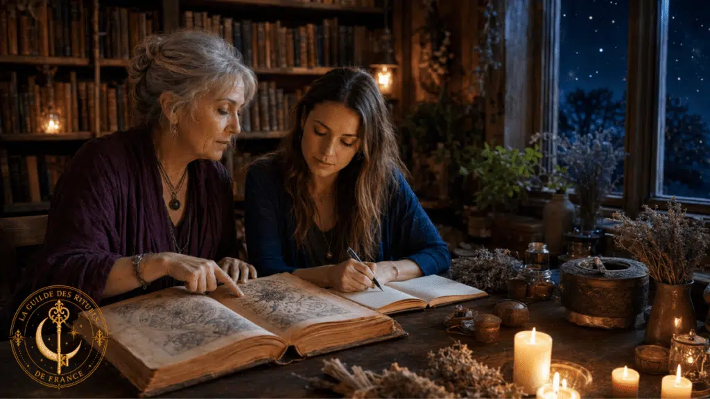 Une femme âgée transmet un savoir ésotérique à une jeune femme étudiant un ancien grimoire