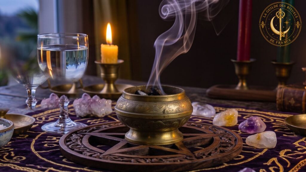 L'Autel & Les Rituels : Créer et Consacrer son Espace Sacré Autel de magie traditionnelle avec un pentacle en bois, une coupe d'eau, du sel et des bougies.