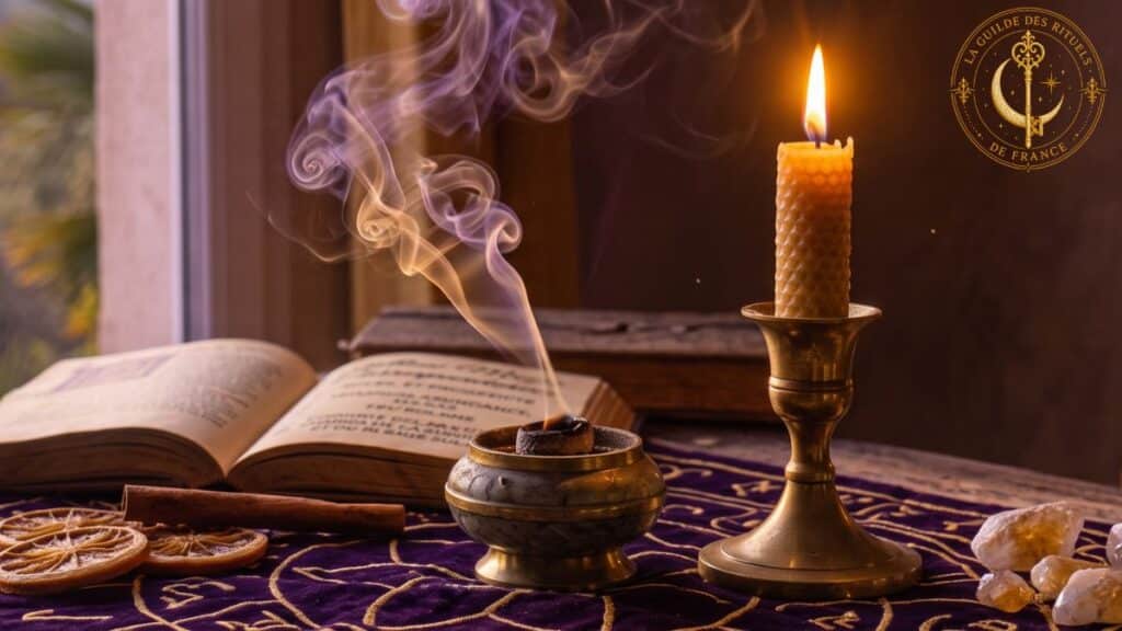 Bougie de cire allumée et bâton d'encens diffusant de la fumée sur un autel en bois.