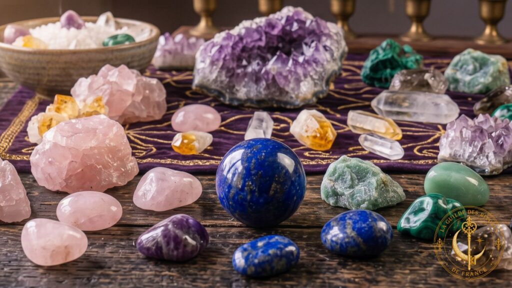 Lithothérapie et Pierres Différentes pierres naturelles et cristaux de soin posés sur un plateau en bois.