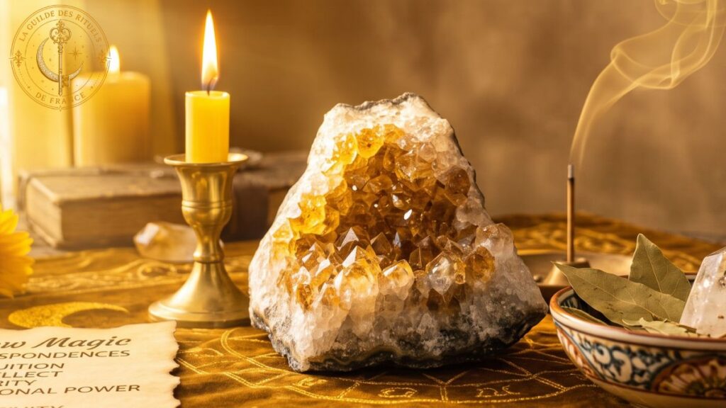 Pierre de citrine et bougie jaune allumée sur un autel solaire.