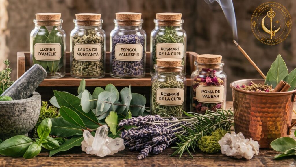 Magie Verte 1 Table d'herboriste avec plantes fraîches, fioles en verre et mortier en pierre.