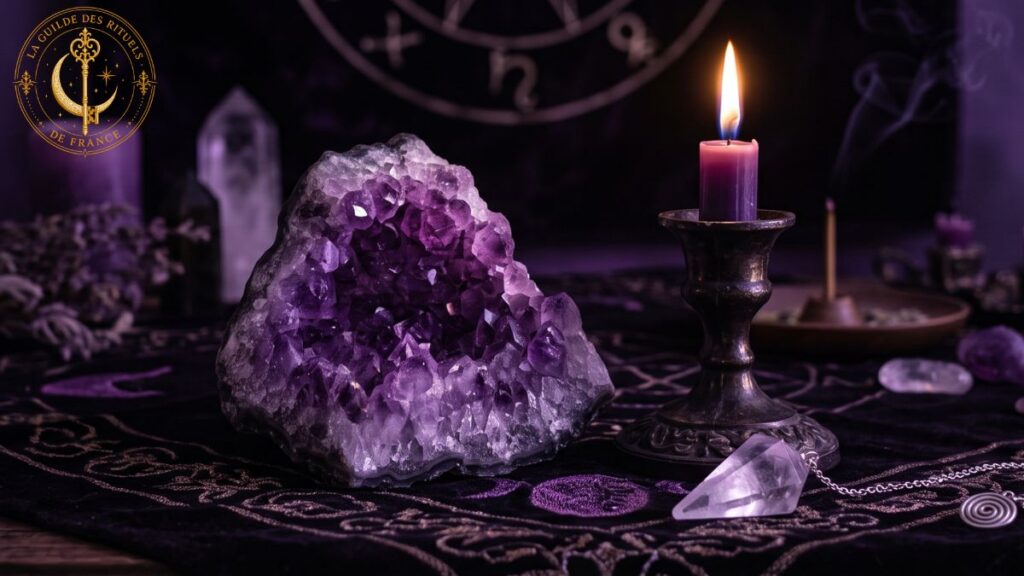 Géode d'améthyste et bougie violette allumée sur un autel spirituel.