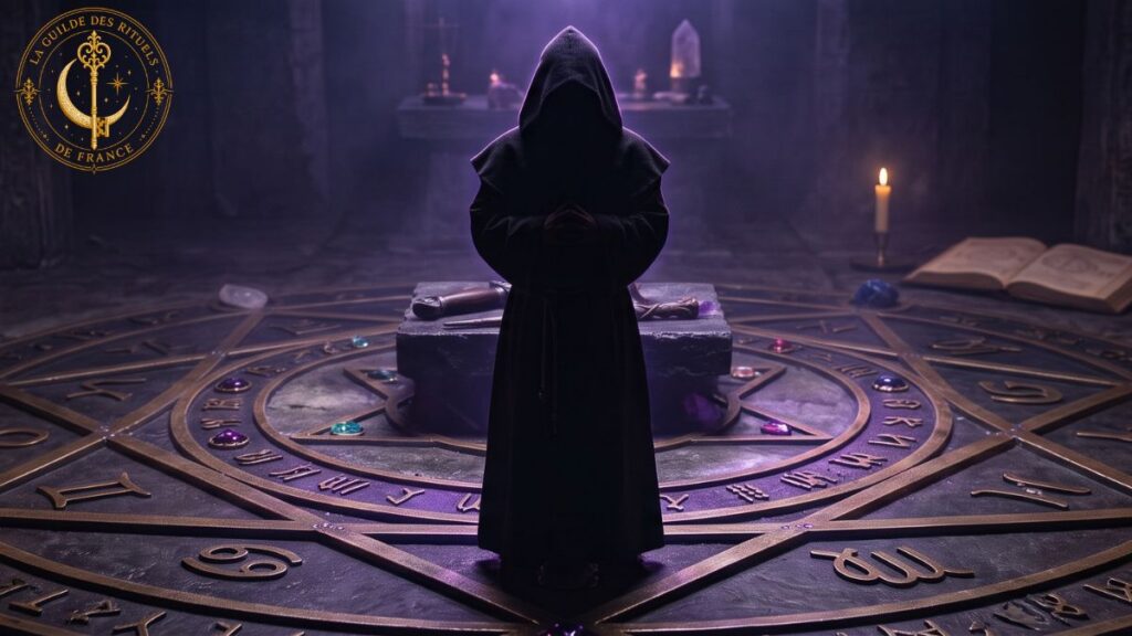 Haute Magie 3 Silhouette d'un théurge en robe sombre debout au centre d'un cercle rituel éclairé à la bougie.