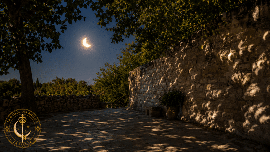 Rituel de l’éclipse solaire 2026 2 Croissants de lumière d’une éclipse solaire projetés dans une cour en pierre